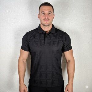VIP Collection Men's Embossed Geometric Pattern Black Polo XL Luxury Greek Key‎